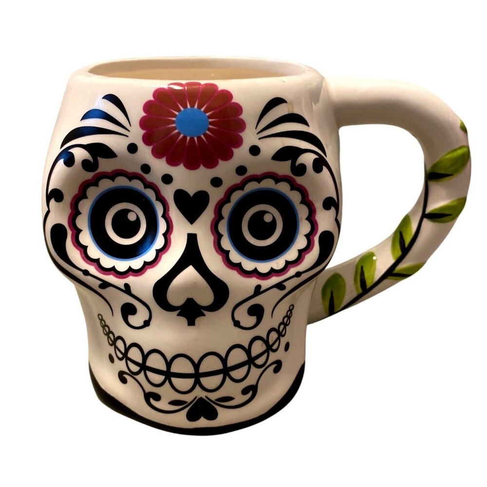 Sugar Skull Ceramic Mug With Floral & Vine Details
